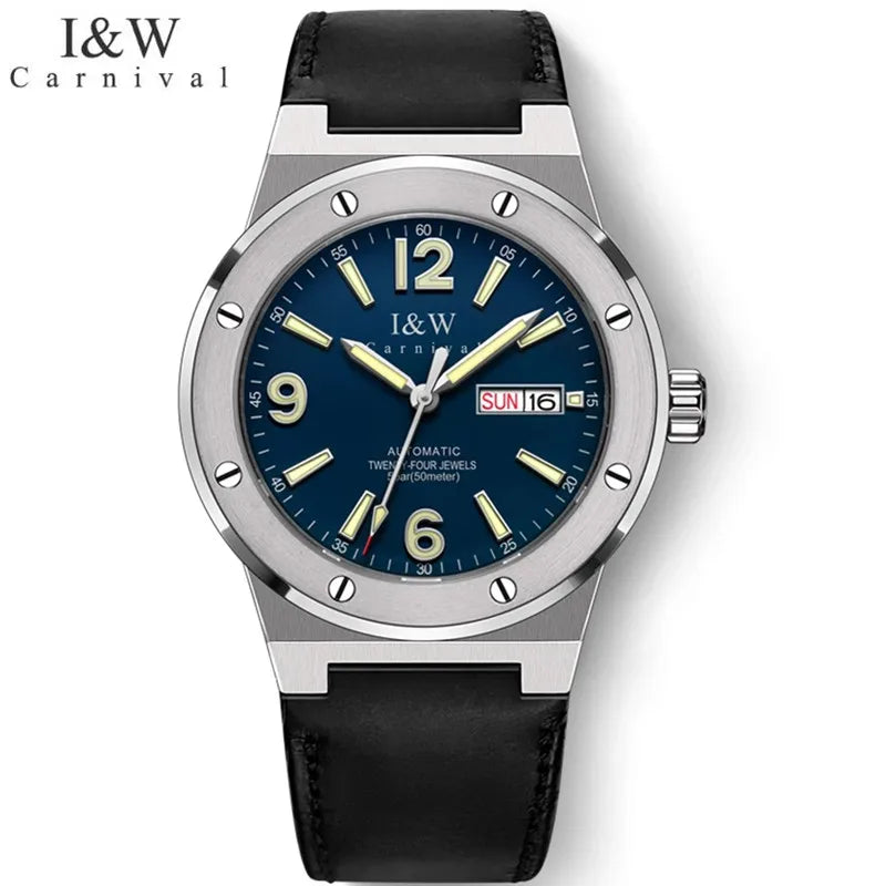 New Switzerland Luxury Brand I&W Carnival Men‘s Watches MIYOTA Automatic Mechanical Luminous Sapphire 50M Waterproof Clocks 589G
