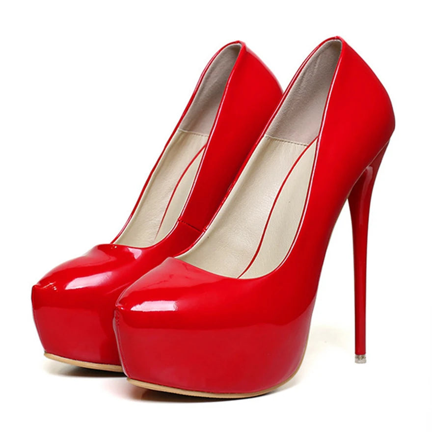 Big Size 35-47 Patent Leather Red Wedding Shoes 2025 Women Round Toe Super High Heels 16cm Pumps Sexy Platform Party Shoes Woman