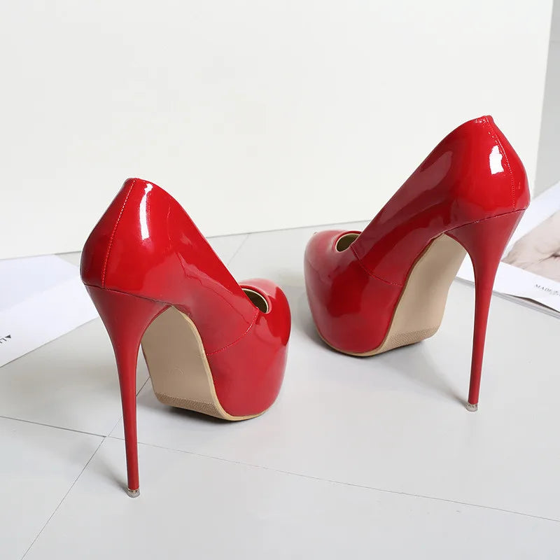 Big Size 35-47 Patent Leather Red Wedding Shoes 2025 Women Round Toe Super High Heels 16cm Pumps Sexy Platform Party Shoes Woman