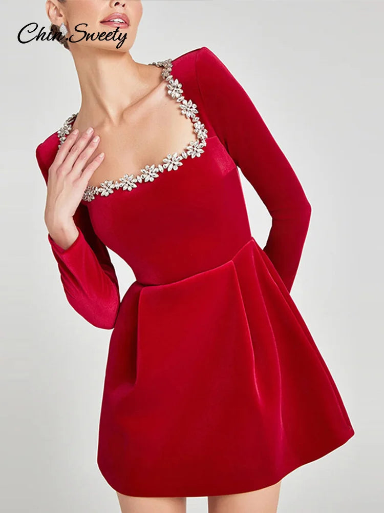 Velvet Square Collar Beading Long Sleeve Dress Women High Waist Slim A-line Party Dresses 2025 Lady Christmas Evening Gowns New