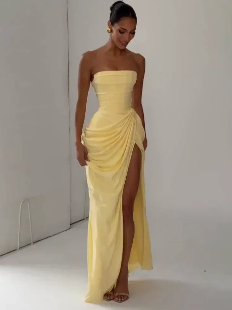 Women Yellow Elegant Strapless Pleated Dress Sexy Sleeveless Waist Cinching Split Maxi Gowns 2026 Lady New Evening Party Dresses