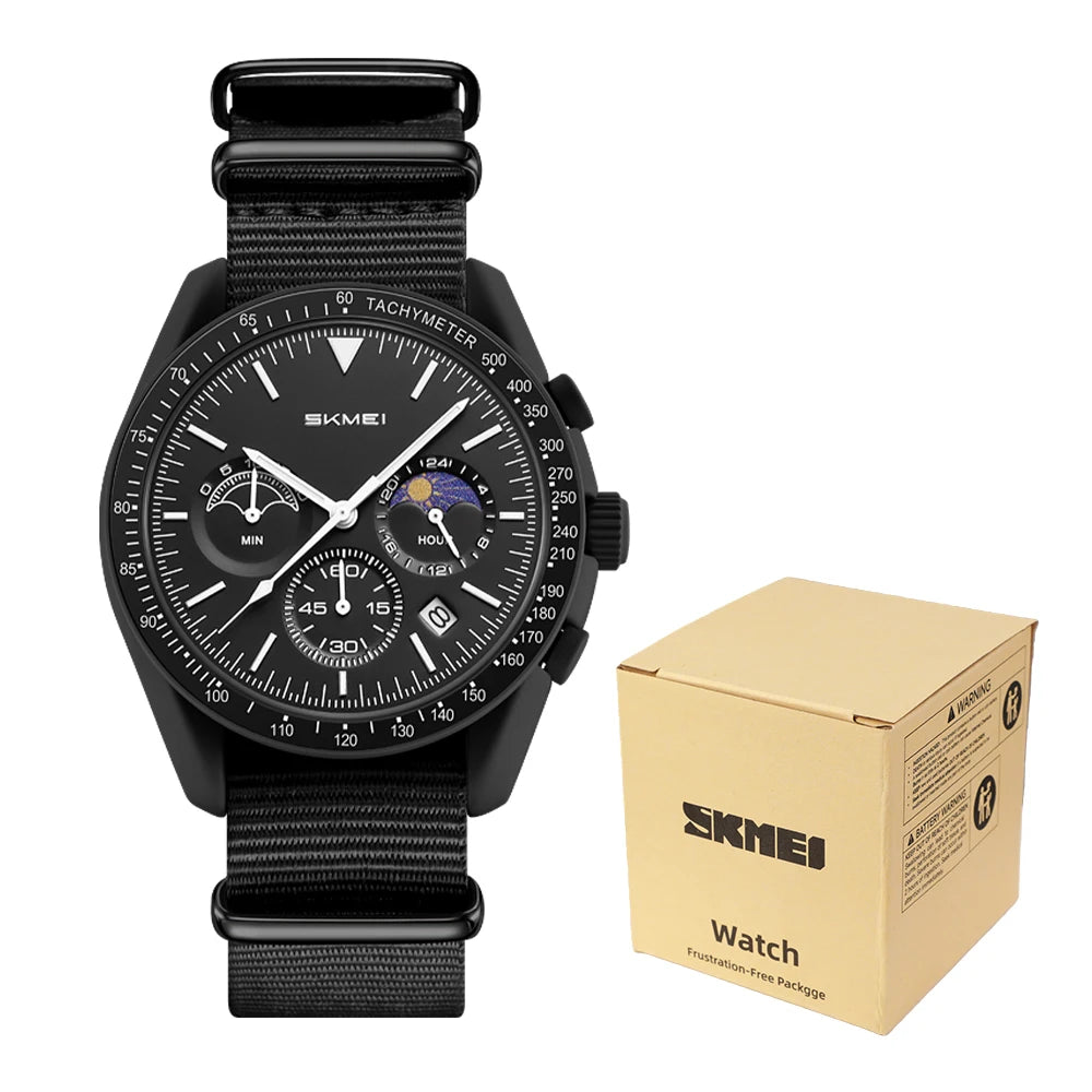 SKMEI 9392 Men’s Fashion Quartz Wristwatch 30M Waterproof Chronograph Timer Moon Sun Pattern Adjusted Design Countdown Timer