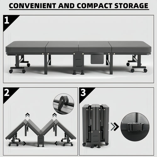1 Dust Cover for a Folding Bed or 1 Folding Bed, Multifunctional Tech Fabric with High-Density Foam Mattress, Compact Storage Space, Single Bed, Folds into a Quarter, Easy to Assemble, with Wheels, Lightweight, Portable Iron