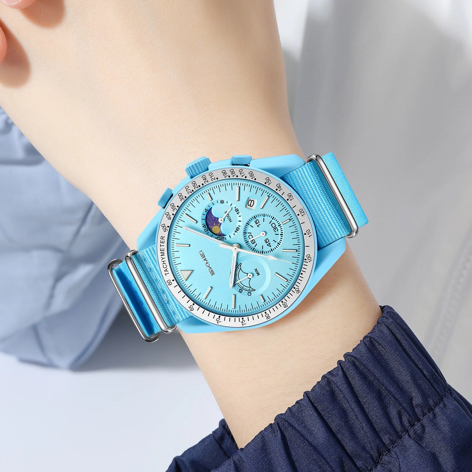 SKMEI 9392 Men’s Fashion Quartz Wristwatch 30M Waterproof Chronograph Timer Moon Sun Pattern Adjusted Design Countdown Timer