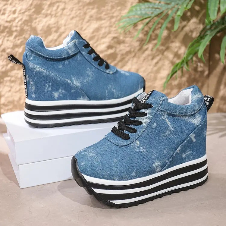 Women Sneakers Fashion Women 10CM Height Increasing Breathable Lace-Up Wedges Sneakers Platform Shoes Canvas Woman Casual Shoes