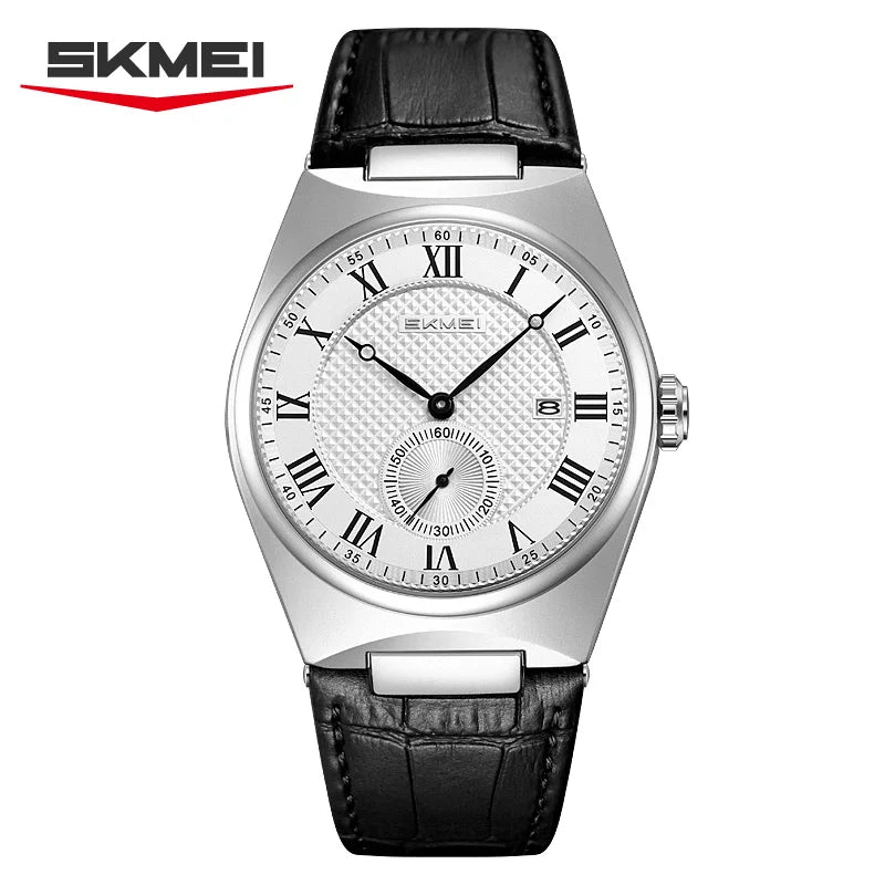 SKMEI 9390 Elegant Men's Quartz Watch Roman Scale Calendar Waterproof Leather Strap Casual Business Watches for Man reloj hombre