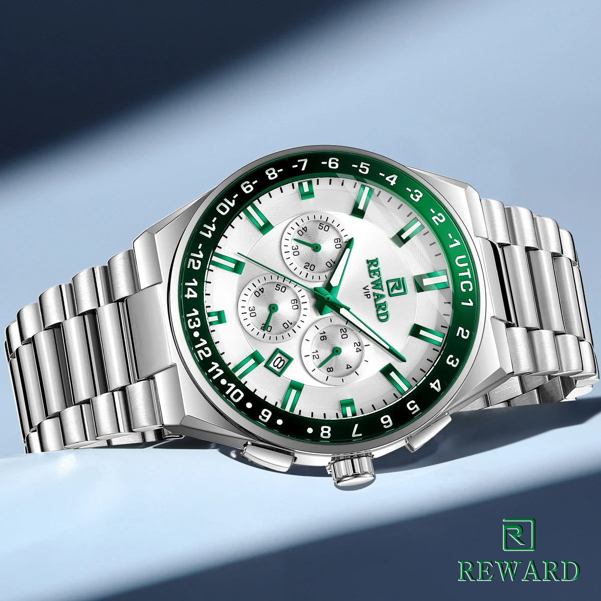 2026 REWARD Silvery White Quartz Watches for Men Luminous Hands Business Watches Stainlesss Steel Strap with Box