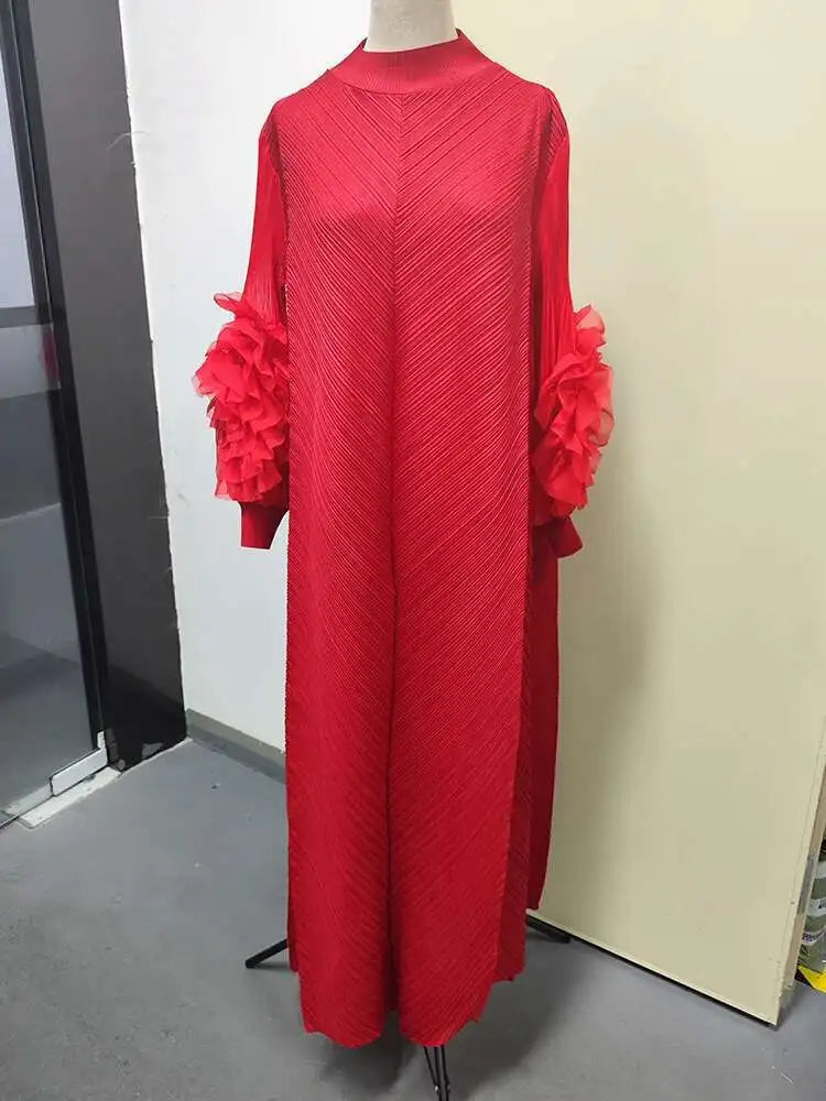 LANMREM Maxi Pleated Dress Round Neck Spliced Fungus Full Sleeve Dresses For Women 2025 New Spring Clothing 2Qa1331