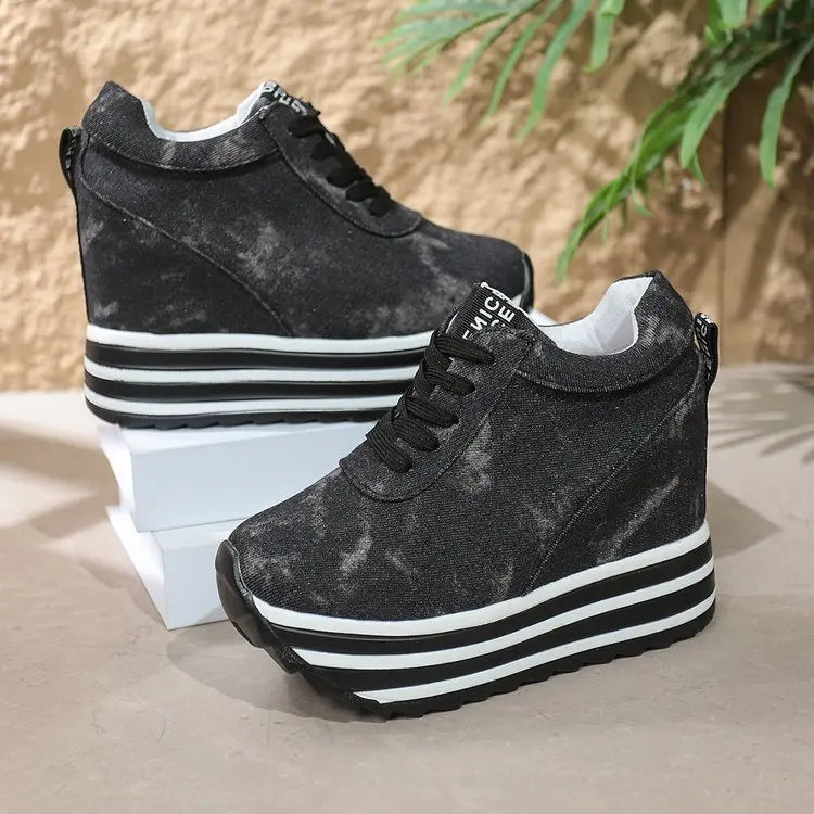 Women Sneakers Fashion Women 10CM Height Increasing Breathable Lace-Up Wedges Sneakers Platform Shoes Canvas Woman Casual Shoes