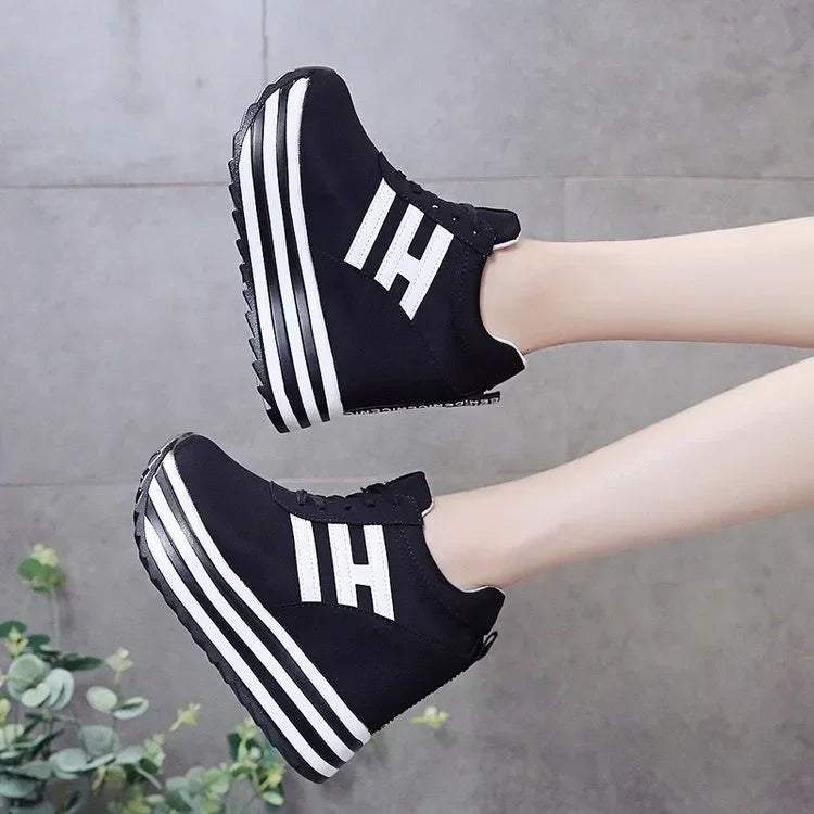 Women Sneakers Fashion Women 10CM Height Increasing Breathable Lace-Up Wedges Sneakers Platform Shoes Canvas Woman Casual Shoes