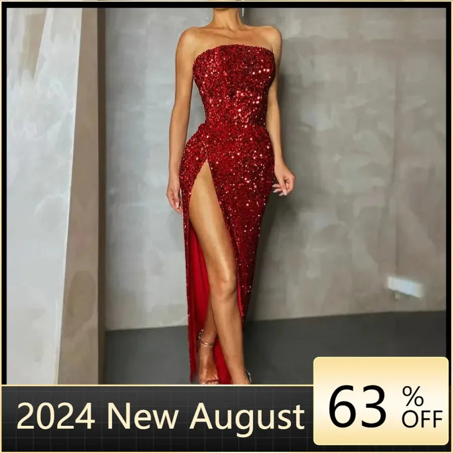 Customized Strapless Maxi Long Dresses Women Sparkling Sequin Backless Sexy Evening Party Dresses Vestidos Slim High Slit Formal