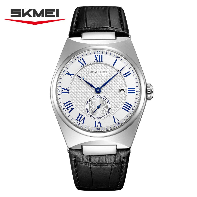 SKMEI 9390 Elegant Men's Quartz Watch Roman Scale Calendar Waterproof Leather Strap Casual Business Watches for Man reloj hombre