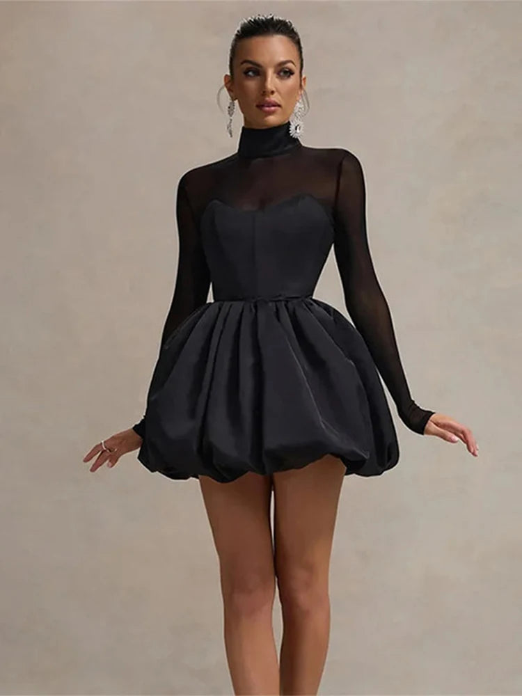 Elegant Lace Dresses Women See Through Long Sleeves Puffy Dresses Female 2024 Fashion Solid Evening Party A Line Robe Lady