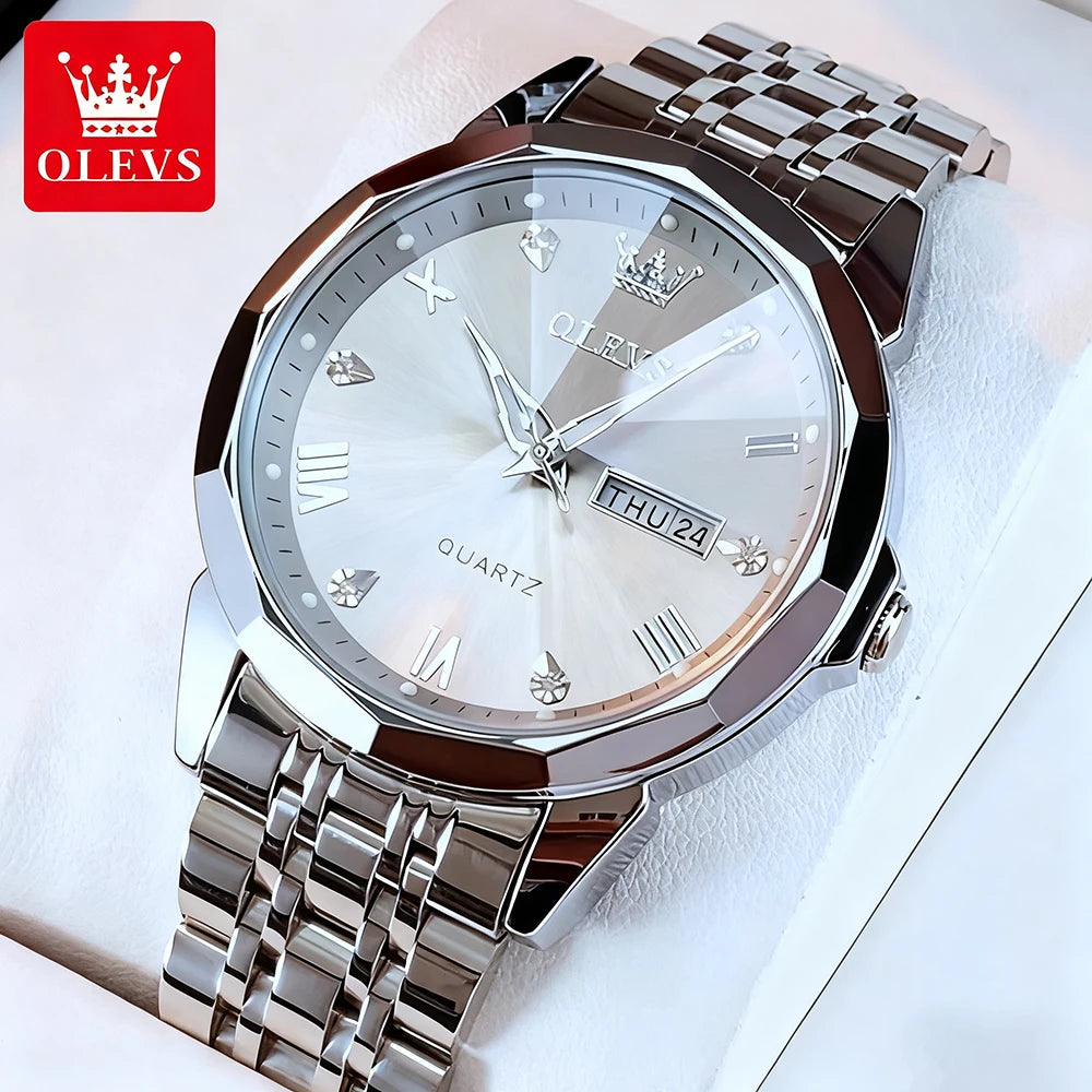 OLEVS Men Watches Smart Casual Top Brand Stainless Steel Original Quartz Wristwatch Rhombus Mirror Waterproof Date Week Luminous