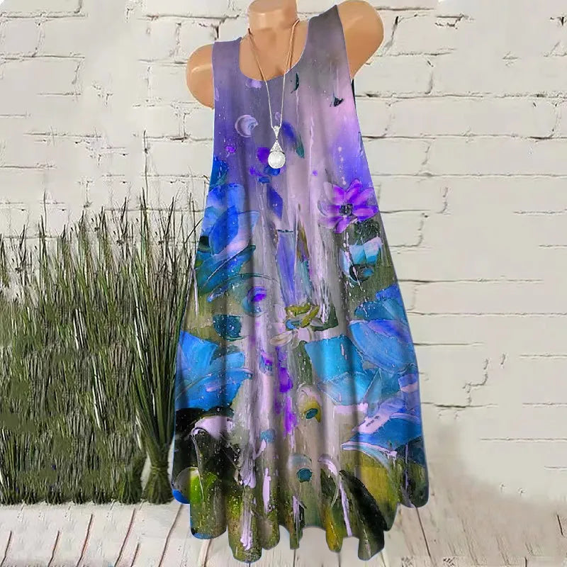 Hand-Painted 3D Print Women Fashion Mini Dresses Sleeveless Summer Loose Casual Short Dress Oversized Round-Neck Female Dress