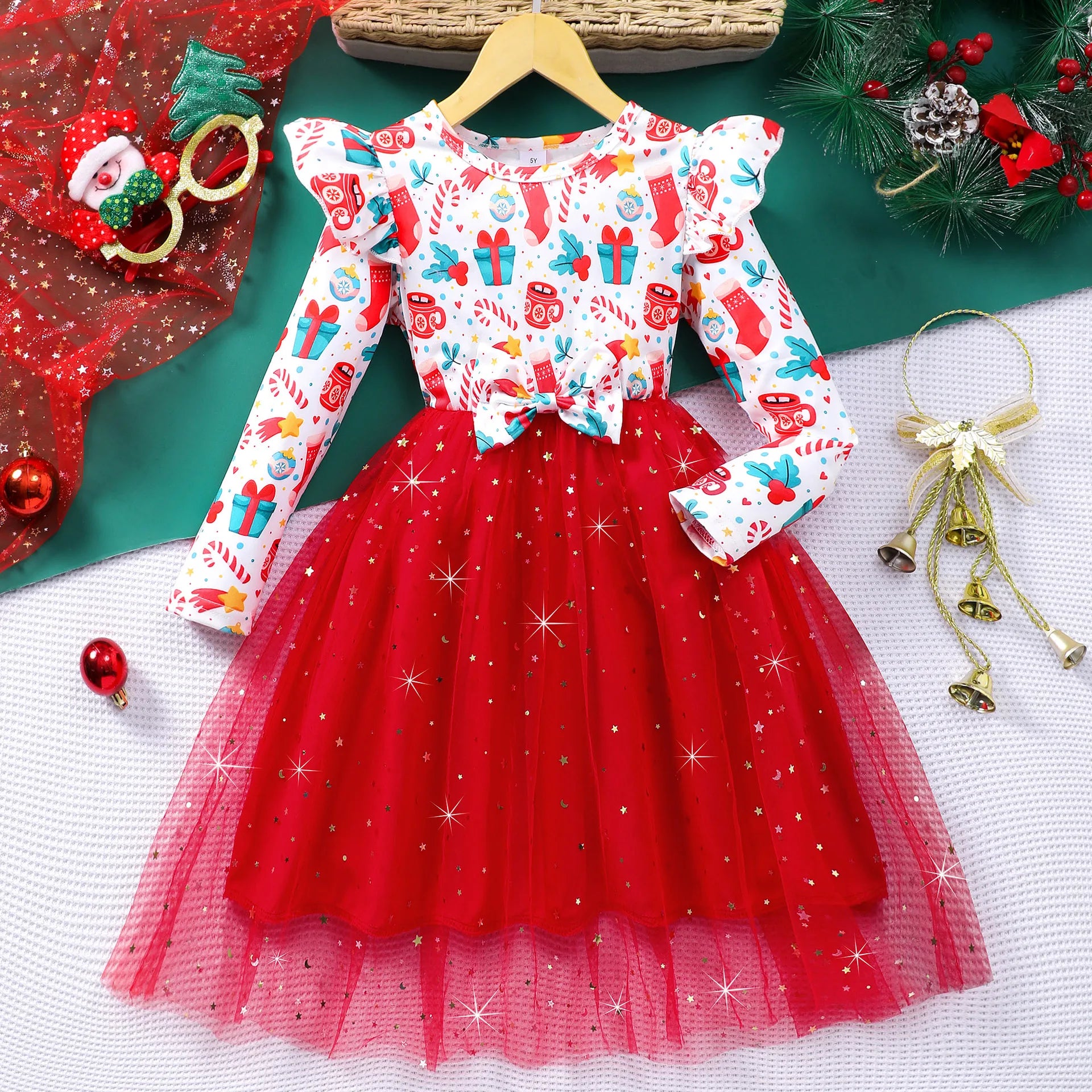 4-7Y Kids Christmas Dresses For Girls Bow Green Xmas Tree Hoodies Dress For New Year Kids Girl Evening Dress Festival Clothing