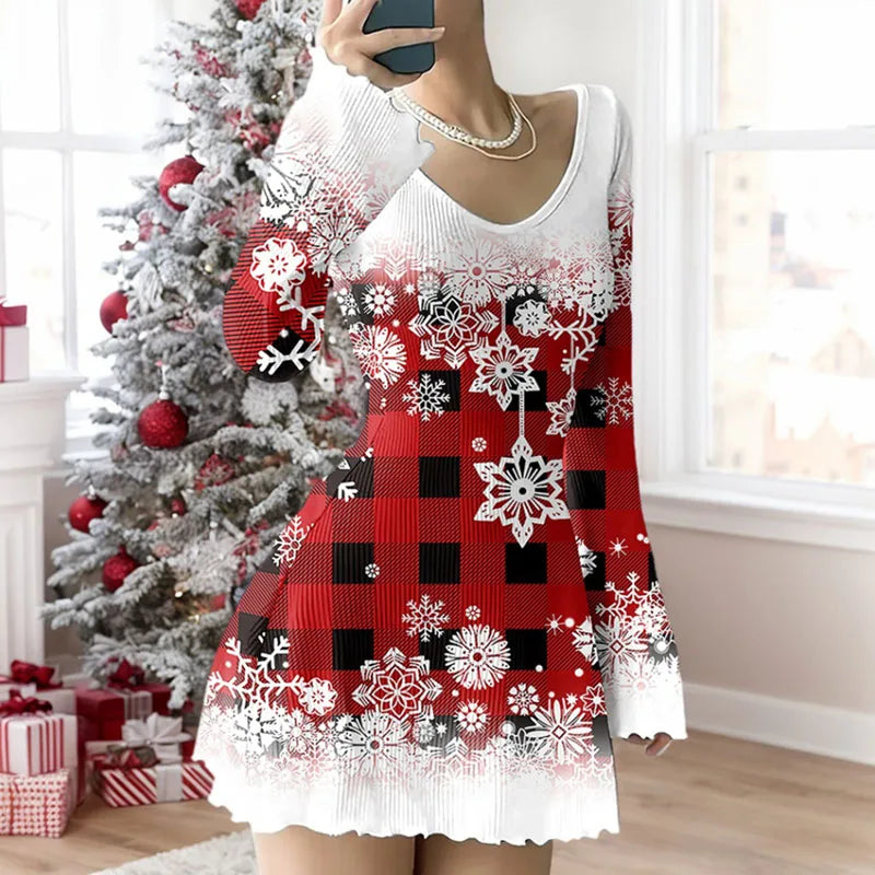 Christmas Dress Women Snowman Snowflake Print Elegant Party Dresses Fall New V Neck Flare Long Sleeve Mini Dress Female Clothing