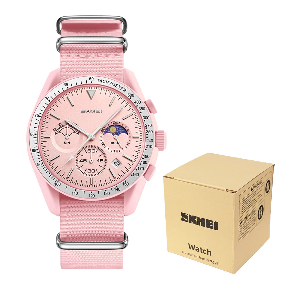 SKMEI 9392 Men’s Fashion Quartz Wristwatch 30M Waterproof Chronograph Timer Moon Sun Pattern Adjusted Design Countdown Timer