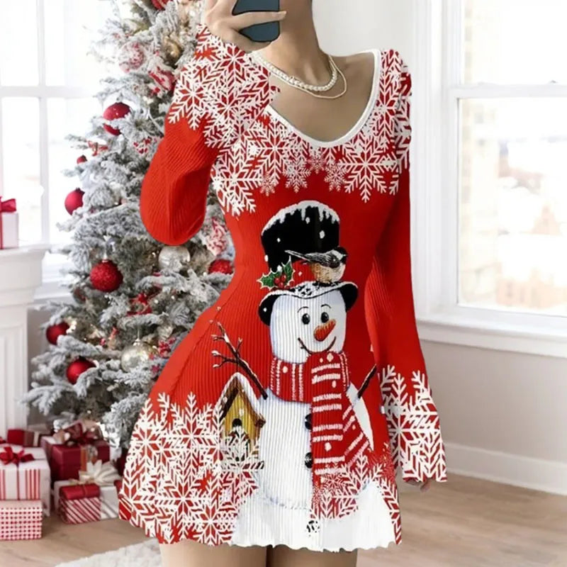 Christmas Dress Women Snowman Snowflake Print Elegant Party Dresses Fall New V Neck Flare Long Sleeve Mini Dress Female Clothing