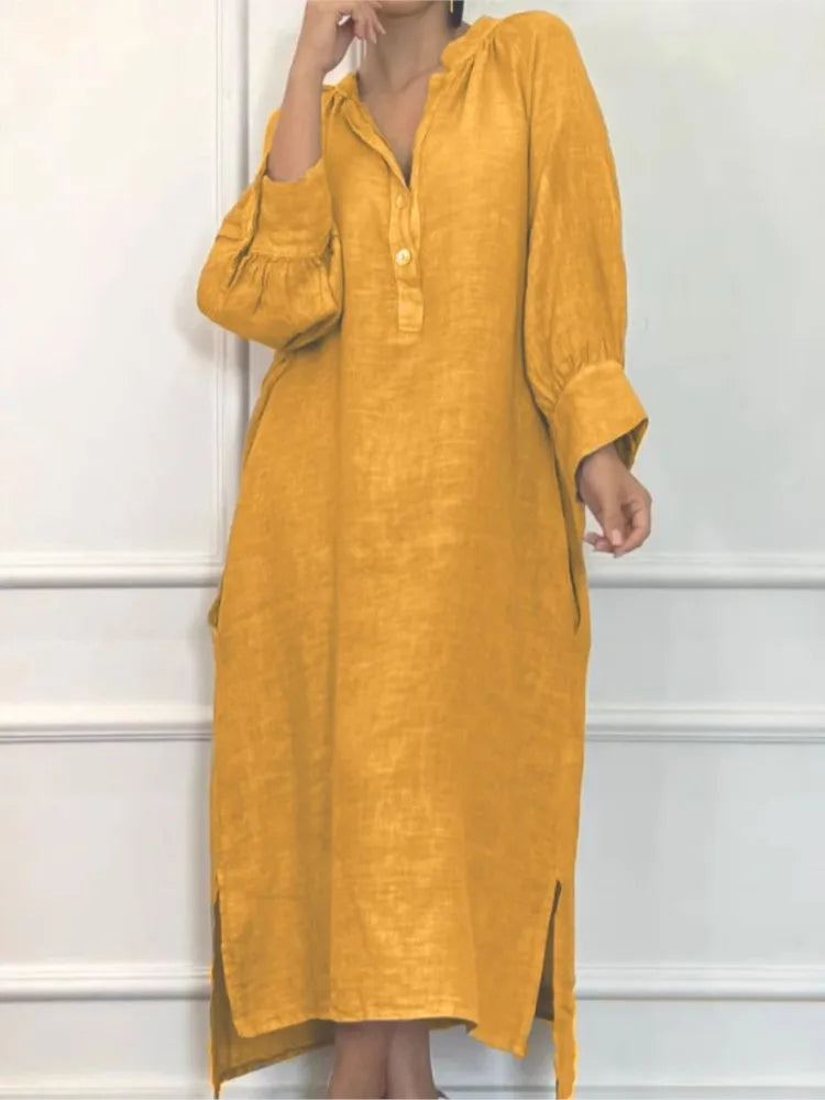 Fashion Cotton Linen Long-sleeved Loose Women's Dresses New Autumn Collection Casual Simple Pocket Elegant Female Slit Dress2025