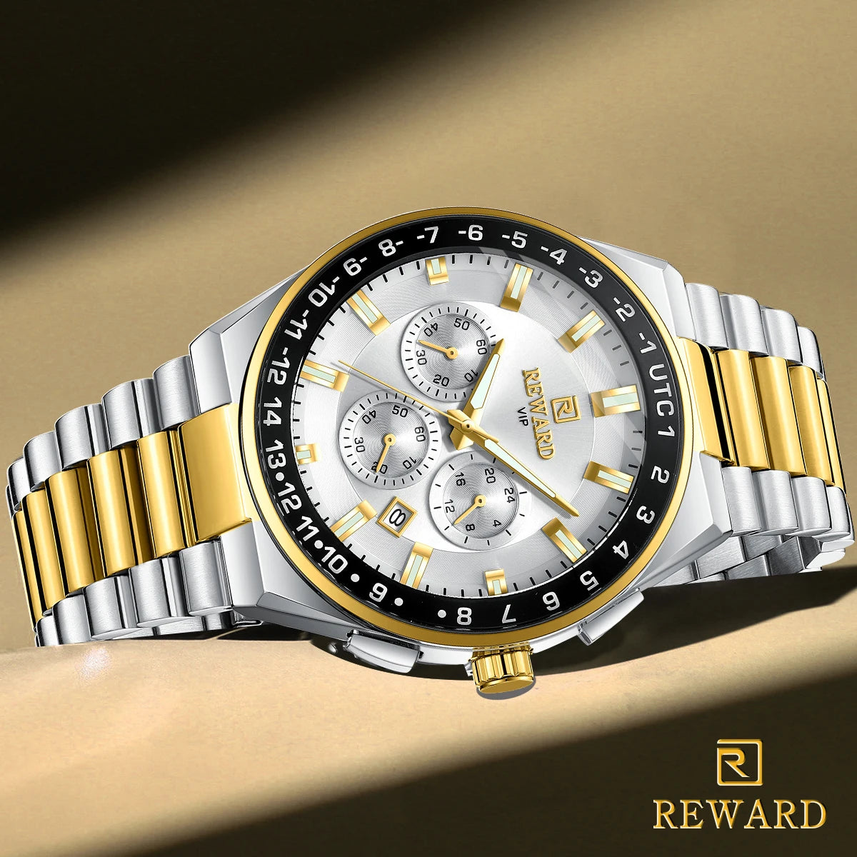 2026 REWARD Silvery White Quartz Watches for Men Luminous Hands Business Watches Stainlesss Steel Strap with Box