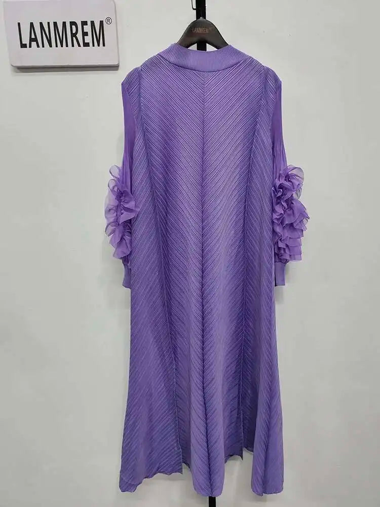 LANMREM Maxi Pleated Dress Round Neck Spliced Fungus Full Sleeve Dresses For Women 2025 New Spring Clothing 2Qa1331