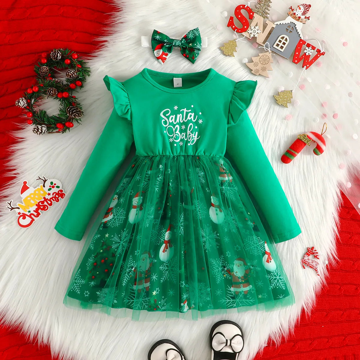 4-7Y Kids Christmas Dresses For Girls Bow Green Xmas Tree Hoodies Dress For New Year Kids Girl Evening Dress Festival Clothing
