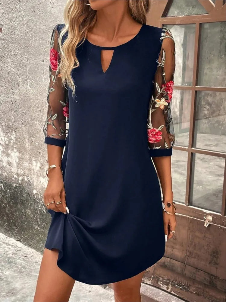 Lady Elegant Dress Fashion Print O Neck Three Quarter Pullover Dresses For Women Casual Office Skirts Womens Clothing Summer New