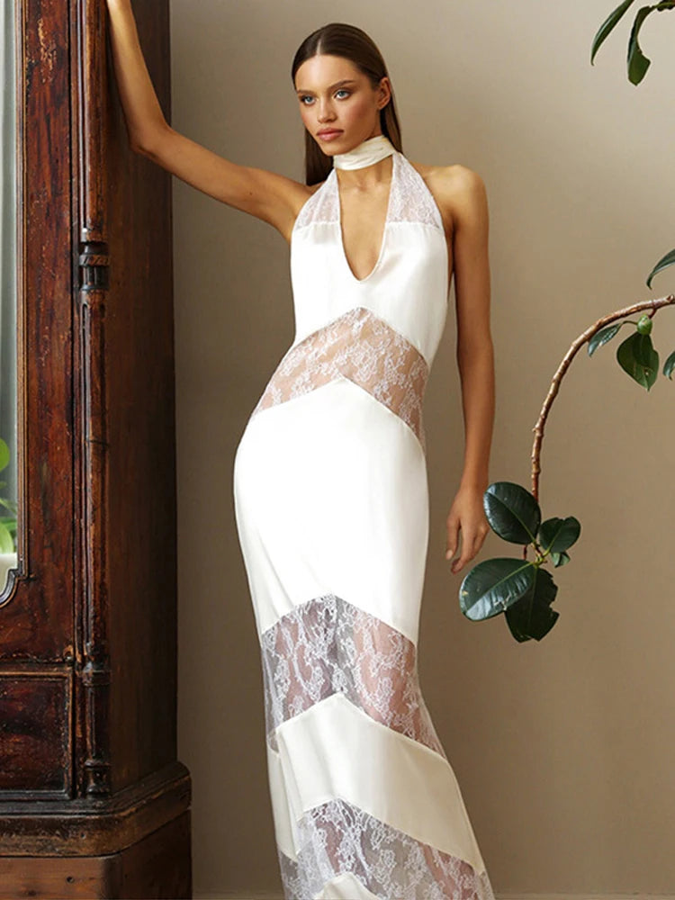 Sexy Backless Party Dress Women Patchwork Lace Sleeveless Halter Maxi Female Dresses 2025 V-neck Slim Hip Package Lady Robes