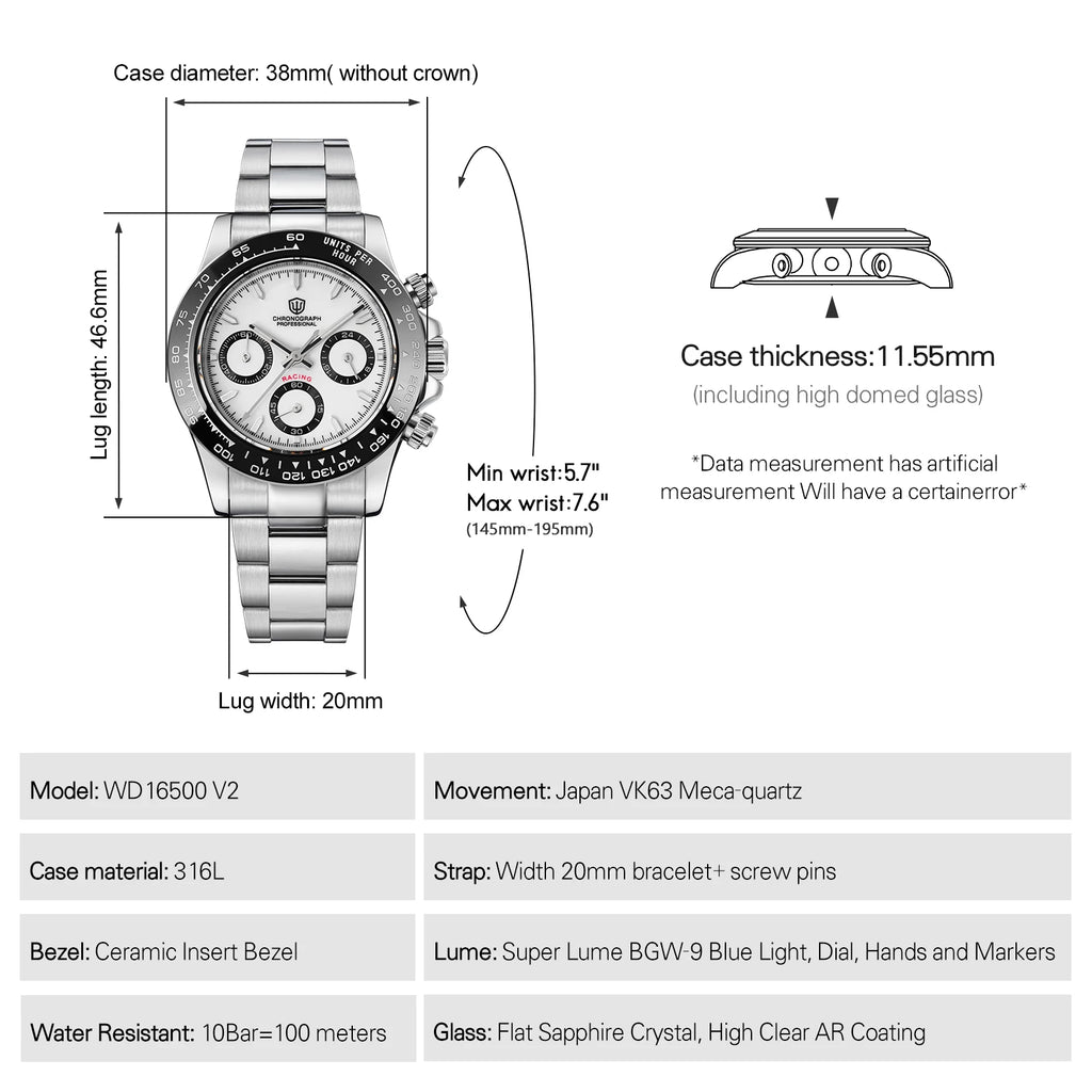 Watchdives WD16500 V2 Men Watch VK63 Quartz Movement Chronograph Wristwatch Stainless Steel Sapphire Crystal Luminous Watches