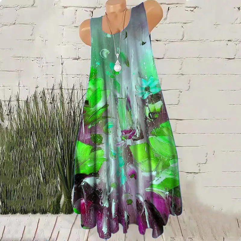 Hand-Painted 3D Print Women Fashion Mini Dresses Sleeveless Summer Loose Casual Short Dress Oversized Round-Neck Female Dress