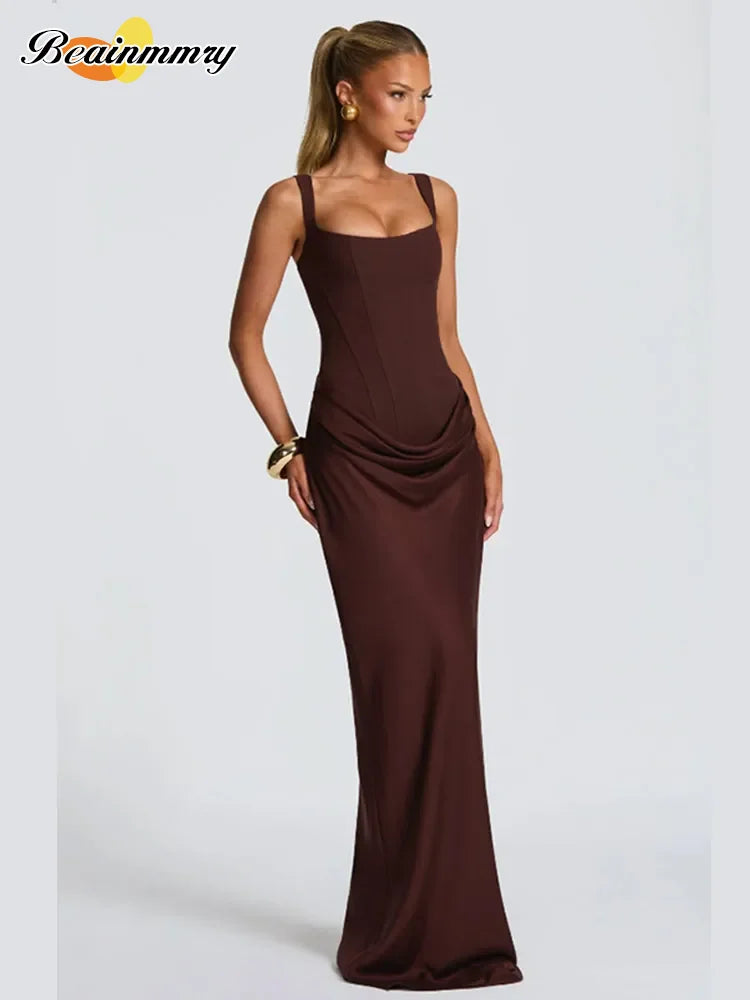 Brown Sexy Pleated Mini Dress Women Fashion Square-neck Sleeveless Bodycon Backless High Waist Dresses New Lady Party Club Robe