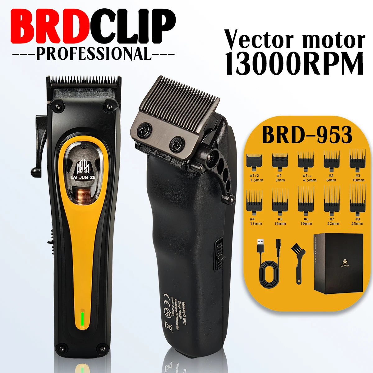 Professional electric hair clipper BRD 953 hair trimmer with vector motor 12000RPM DLC tapered blade 2000mAh barbershop machine