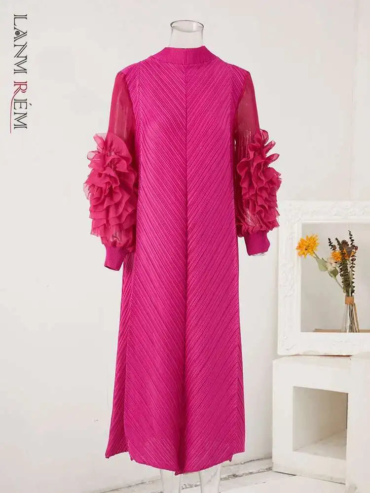 LANMREM Maxi Pleated Dress Round Neck Spliced Fungus Full Sleeve Dresses For Women 2025 New Spring Clothing 2Qa1331