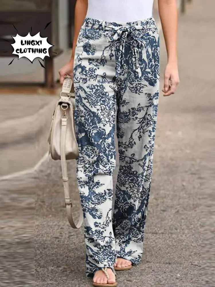2023 New Summer Fashion Casual Simple Comfortable Elastic Waist Cotton Hemp Large Size Printed High Waist Wide Leg Pants