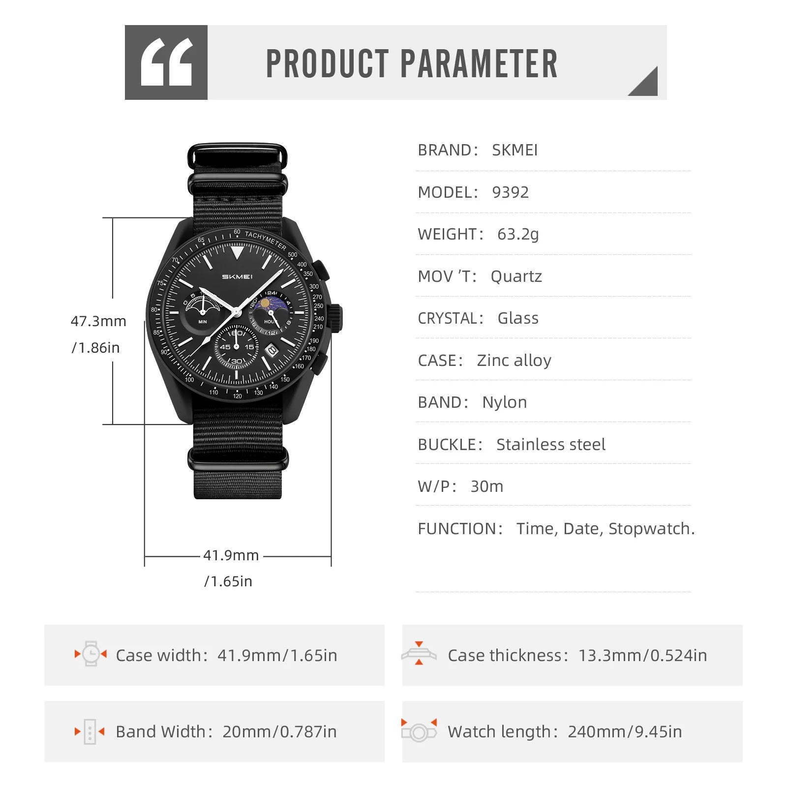 SKMEI 9392 Men’s Fashion Quartz Wristwatch 30M Waterproof Chronograph Timer Moon Sun Pattern Adjusted Design Countdown Timer