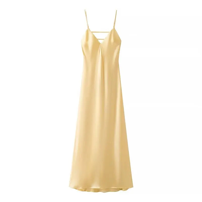 HH Women Summer Yellow Stain V Neck Sling Dress Elegant Sleeveless Loose Maxi Robes 2025 New Ladies Party Holiday Dresses