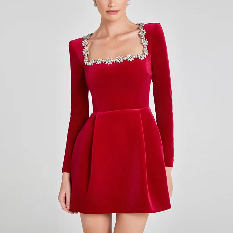 Velvet Square Collar Beading Long Sleeve Dress Women High Waist Slim A-line Party Dresses 2025 Lady Christmas Evening Gowns New