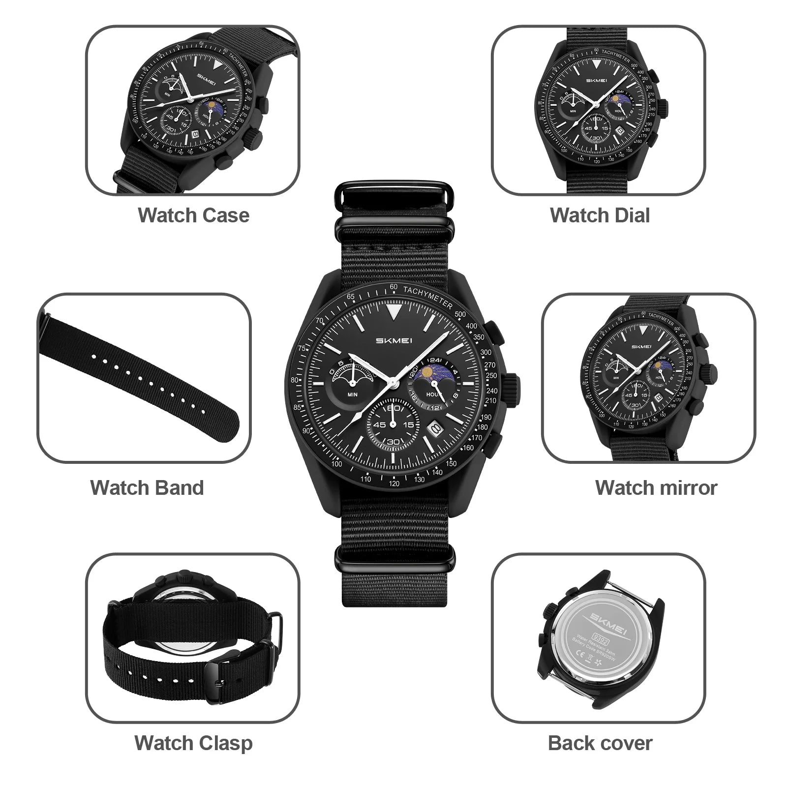 SKMEI 9392 Men’s Fashion Quartz Wristwatch 30M Waterproof Chronograph Timer Moon Sun Pattern Adjusted Design Countdown Timer