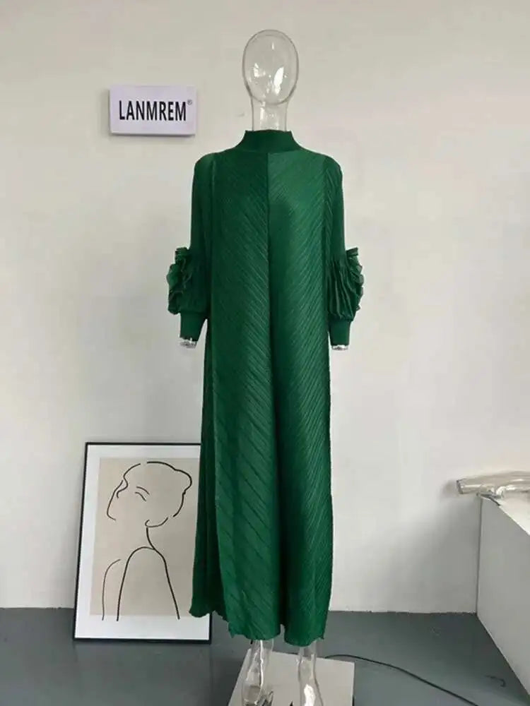 LANMREM Maxi Pleated Dress Round Neck Spliced Fungus Full Sleeve Dresses For Women 2025 New Spring Clothing 2Qa1331