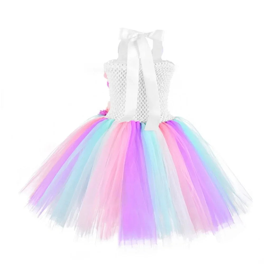 Rainbow Unicorn Dress with Flower Angel Wings Party Dress Princess Costume Cosplay Pony Ball Gown Baby Kids Dresses for Girls