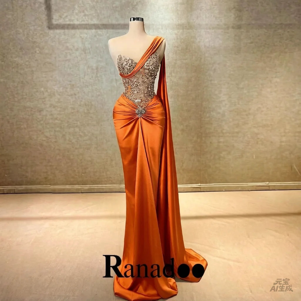 Ranadoo Charming One Shoulder Prom Dresses for Women Birthday Party Rhibestones Mermaid Ruched Vestido De Formatura Customized