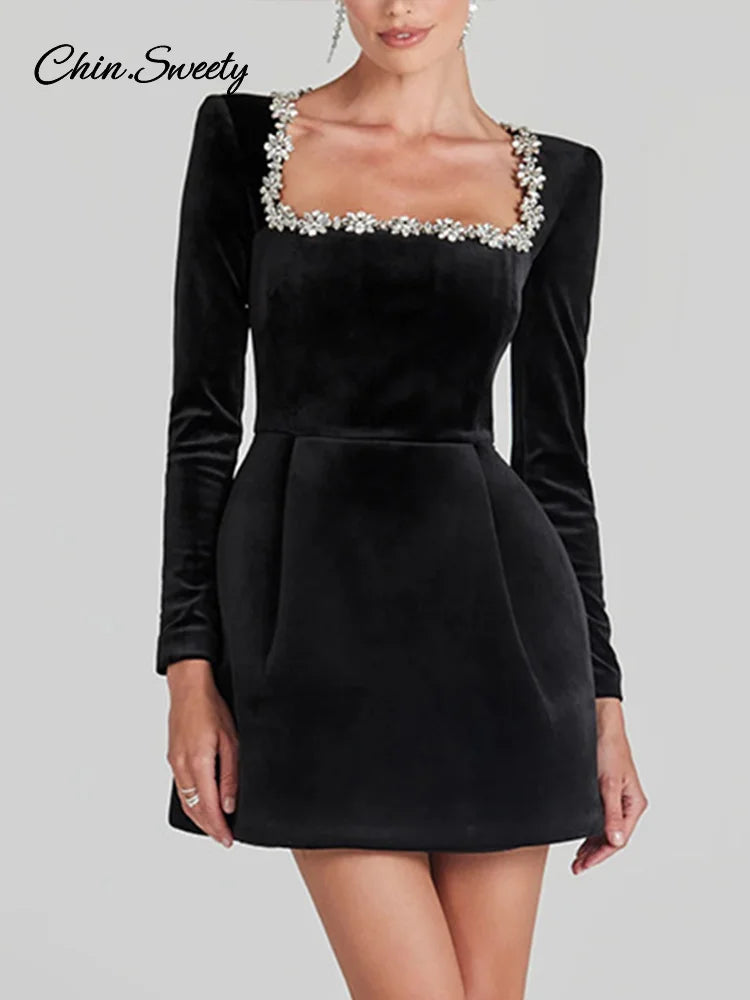 Velvet Square Collar Beading Long Sleeve Dress Women High Waist Slim A-line Party Dresses 2025 Lady Christmas Evening Gowns New