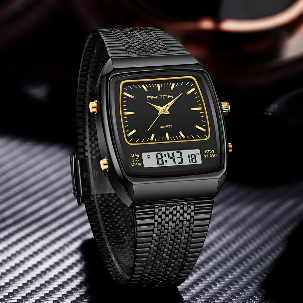 SANDA Watches Men Waterproof Analog Digital Quartz Wristwatches Male Stainless Stopwatch Alarm Clock Man Watch