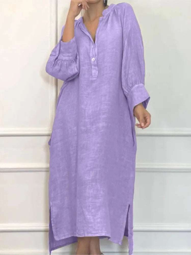 Fashion Cotton Linen Long-sleeved Loose Women's Dresses New Autumn Collection Casual Simple Pocket Elegant Female Slit Dress2025