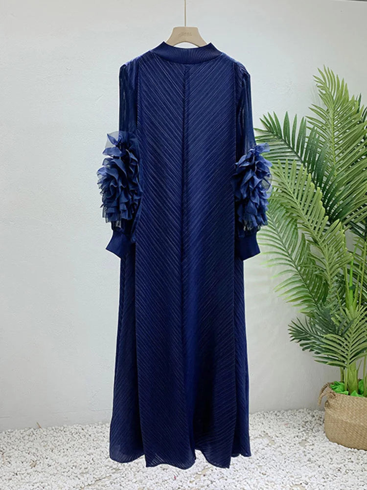 LANMREM Maxi Pleated Dress Round Neck Spliced Fungus Full Sleeve Dresses For Women 2025 New Spring Clothing 2Qa1331