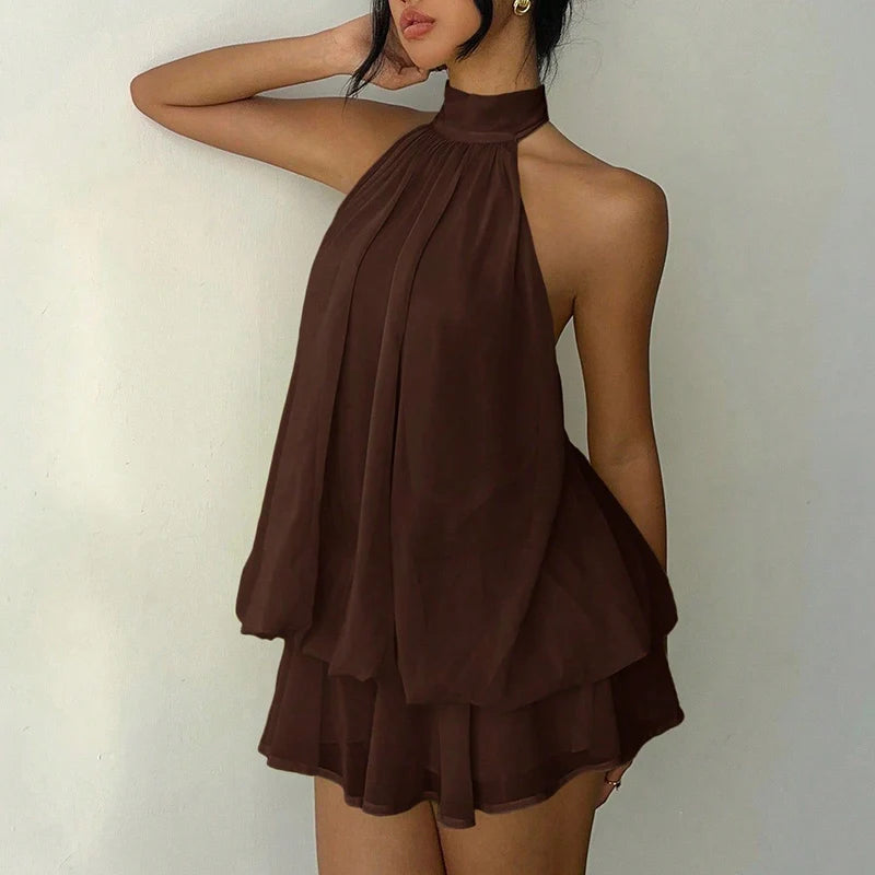 French Style Solid Color Halter Dress Women Sleeveless Off Shoulder Backless A Line Mini Dress Spicy Girl Beach Vacation Dresses