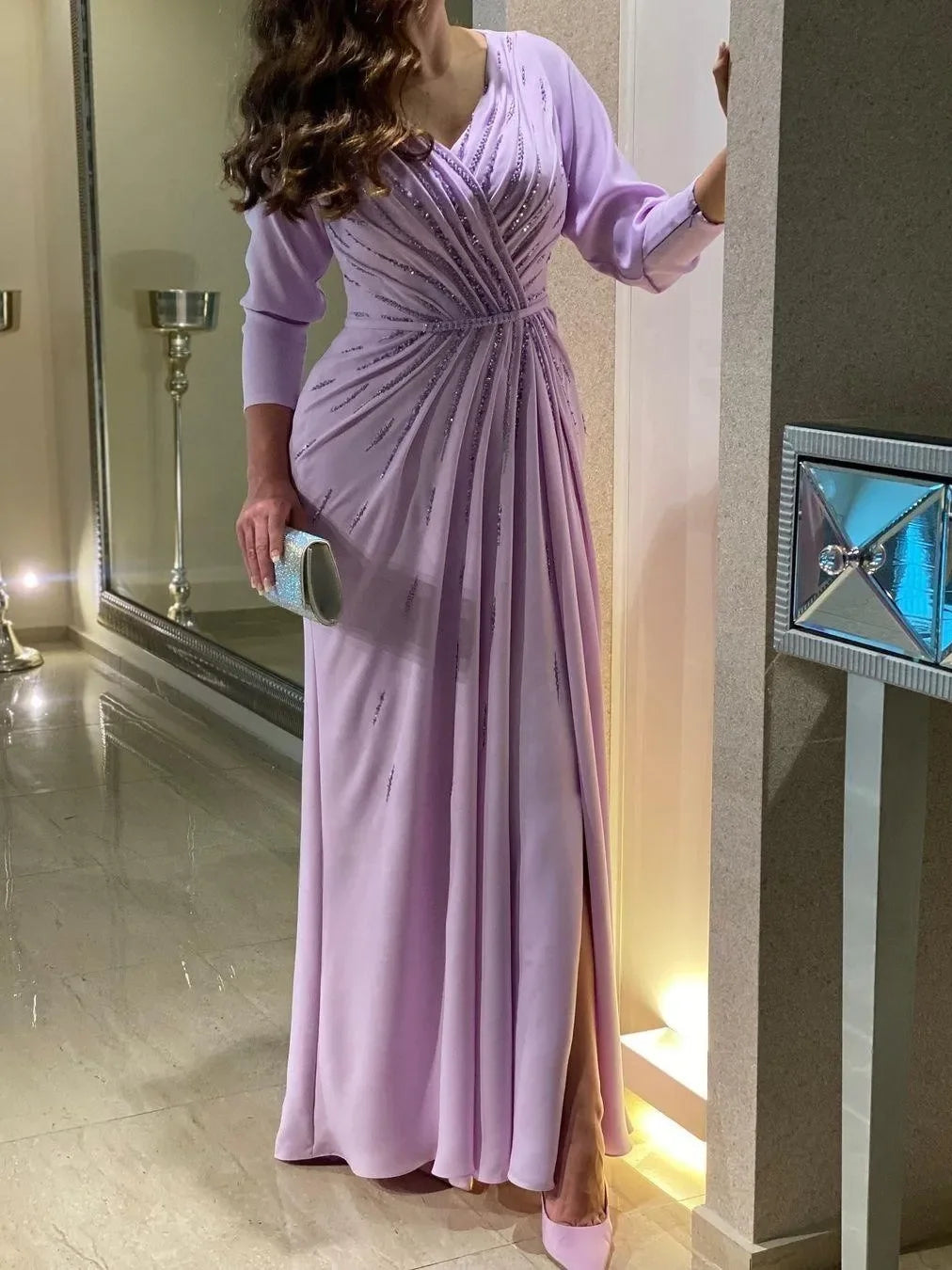 Oisslec Evening Gowns for Women Elegant Party Saudi Arabia V Neck Beaded Long Sleeves Prom Dresses Side Slit Wedding Guest