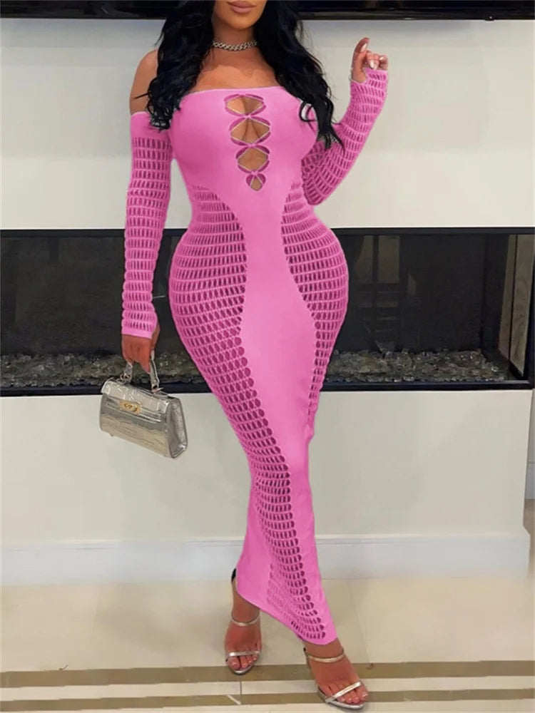Autumn Long Sleeve Knitted Backless Bodycon Strapless Dress Women Maxi Dresses Sexy Pink Bodycon Clubwear Party Vestidos dress