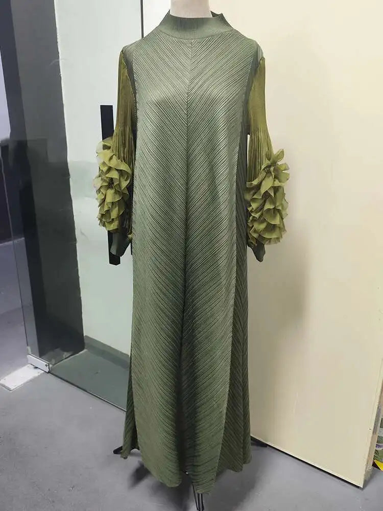 LANMREM Maxi Pleated Dress Round Neck Spliced Fungus Full Sleeve Dresses For Women 2025 New Spring Clothing 2Qa1331